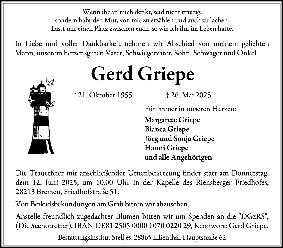 Traueranzeige von Gerd Griepe von Wuemme Zeitung
