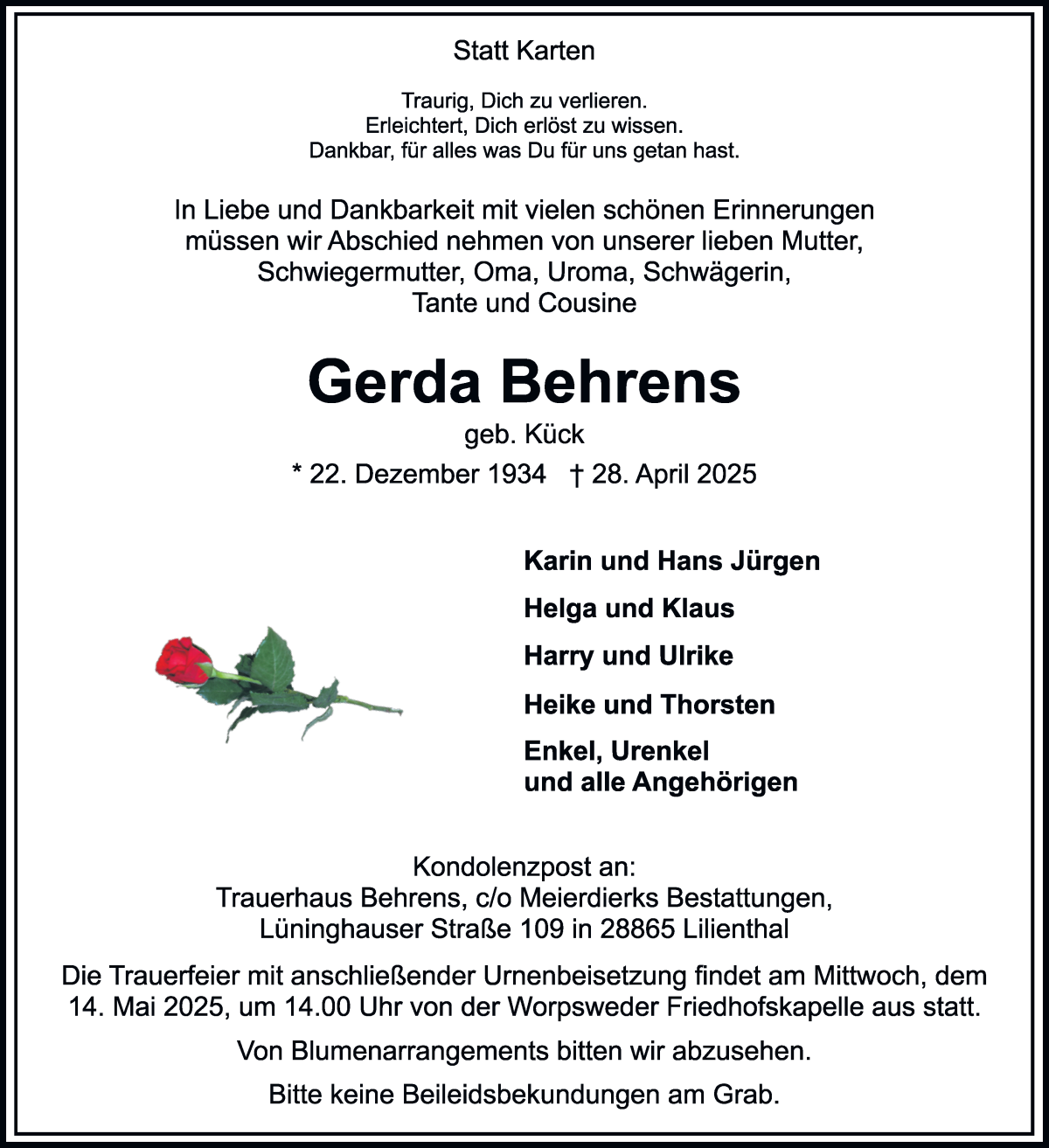 Traueranzeige von Gerda Behrens von Wuemme Zeitung