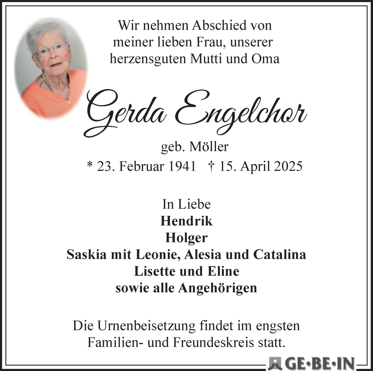 Traueranzeige von Gerda Engelchor von WESER-KURIER