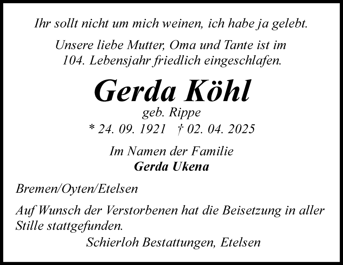 Traueranzeige von Gerda Köhl von WESER-KURIER