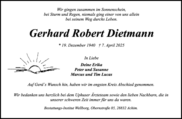 Traueranzeige von Gerhard Dietmann von Achimer Kurier/Verdener Nachrichten