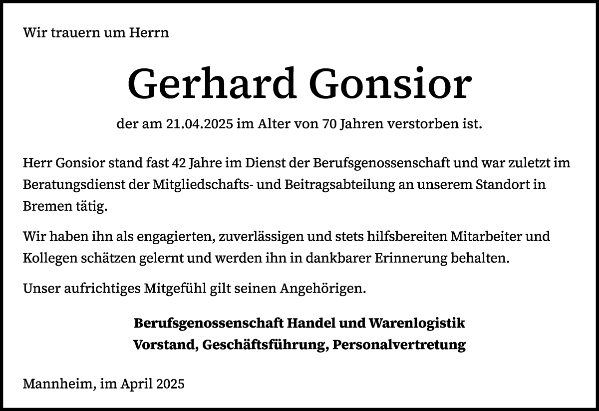 Traueranzeige von Gerhard Gonsior von WESER-KURIER