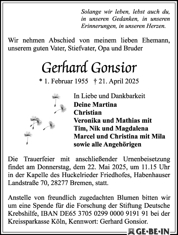 Traueranzeige von Gerhard Gonsior von WESER-KURIER
