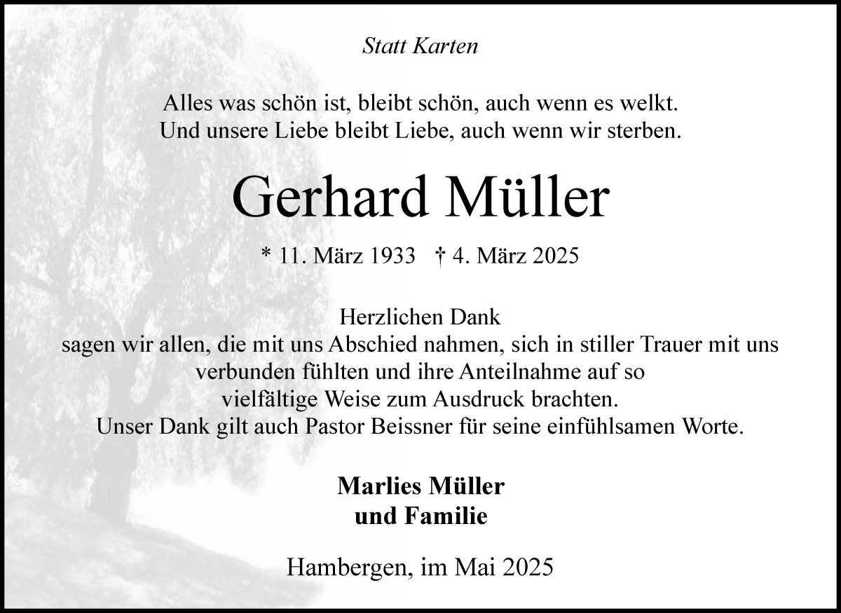 Traueranzeige von Gerhard Müller von Osterholzer Kreisblatt