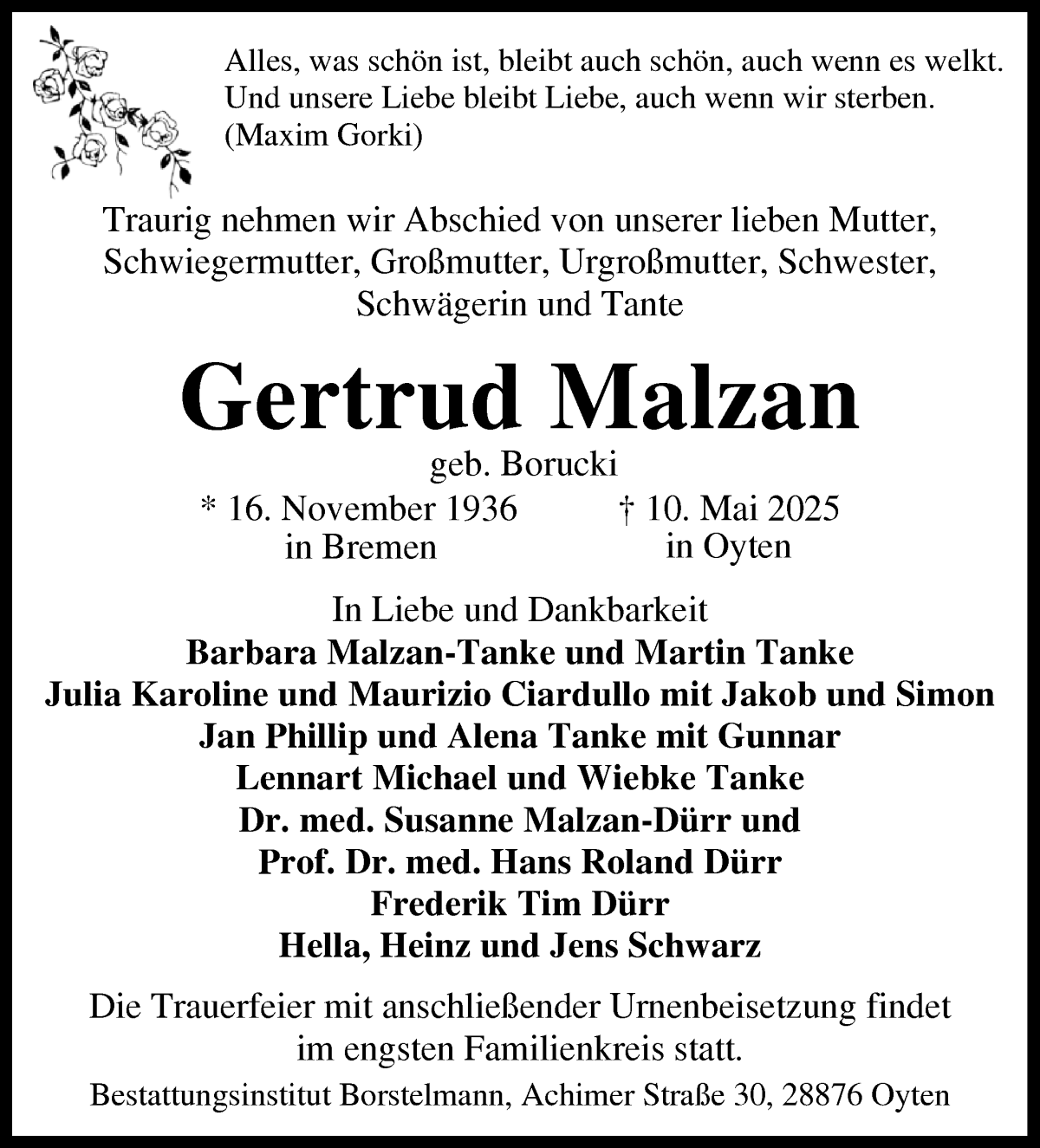 Traueranzeige von Gertrud Malzan von WESER-KURIER