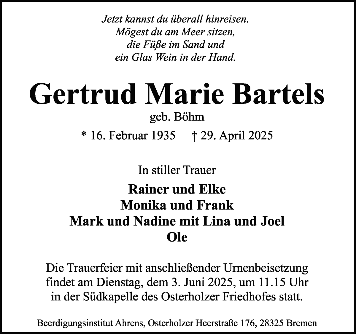 Traueranzeige von Gertrud Marie Bartels von WESER-KURIER