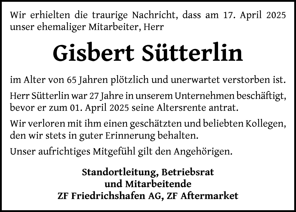 Traueranzeige von Gisbert Sütterlin von WESER-KURIER