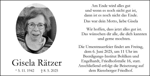 Traueranzeige von Gisela Rätzer von WESER-KURIER