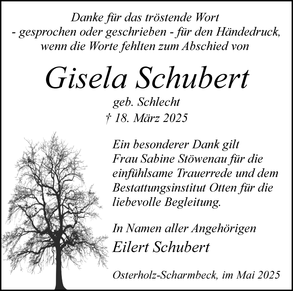 Traueranzeige von Gisela Schubert von Osterholzer Kreisblatt