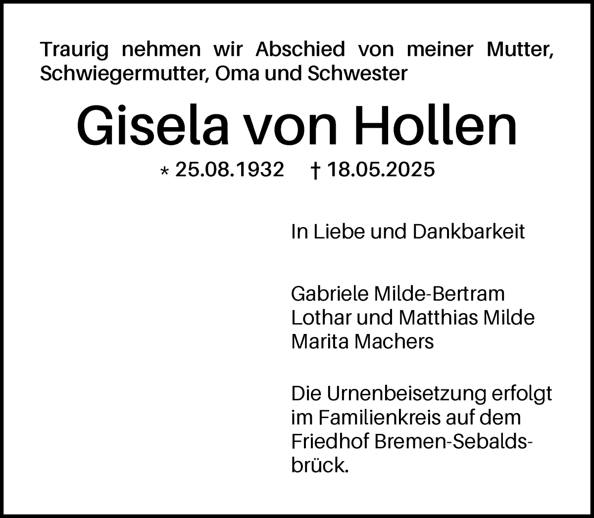 Traueranzeige von Gisela von Hollen von WESER-KURIER