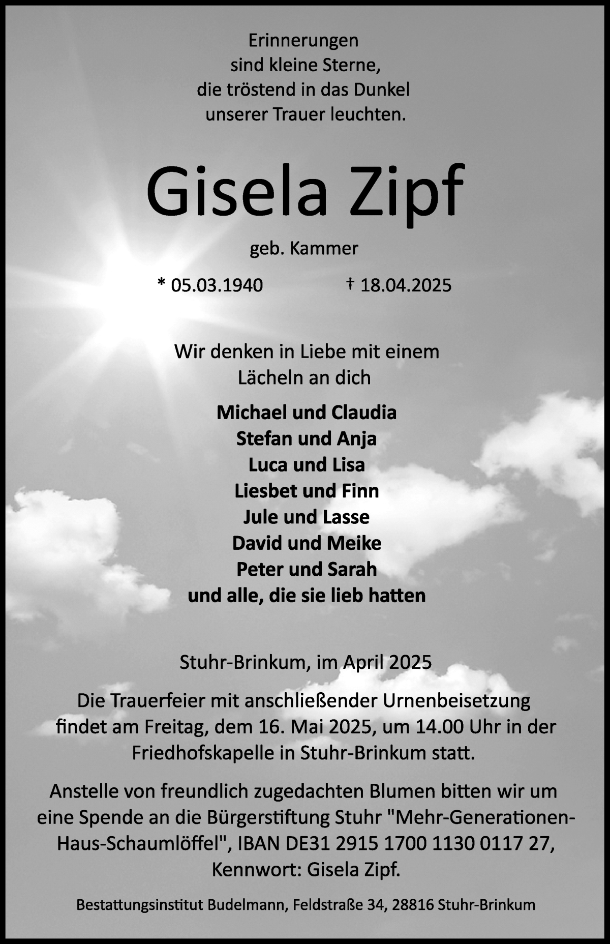 Traueranzeige von Gisela Zipf von Regionale Rundschau/Syker Kurier