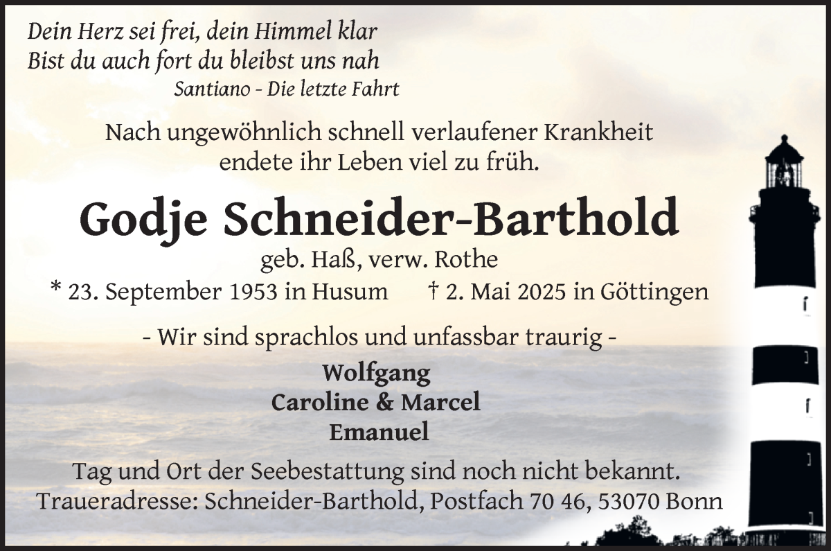 Traueranzeige von Godje Schneider-Barthold von WESER-KURIER