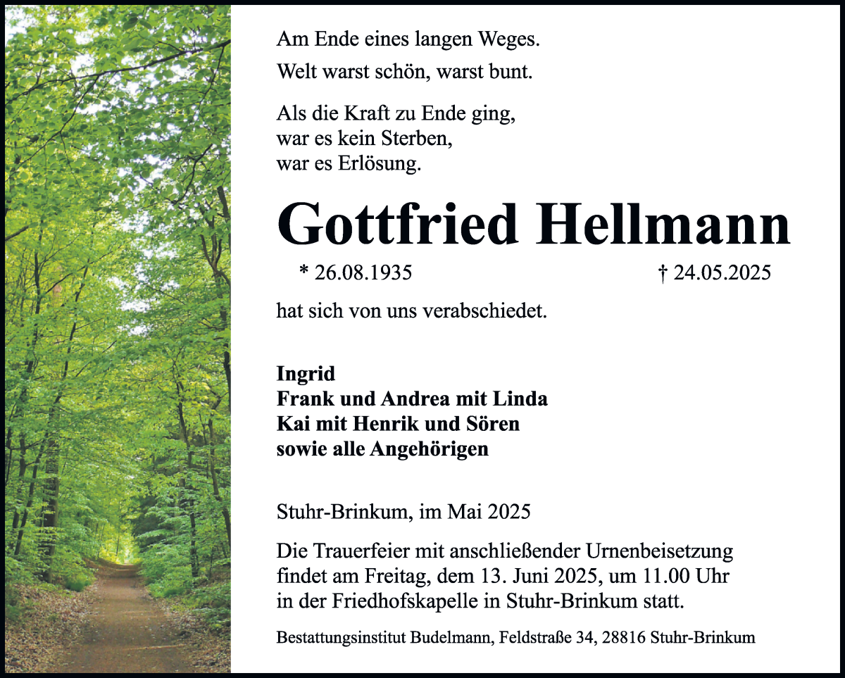 Traueranzeige von Gottfried Hellmann von Regionale Rundschau/Syker Kurier