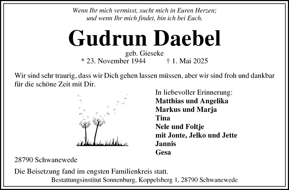Traueranzeige von Gudrun Daebel von Die Norddeutsche