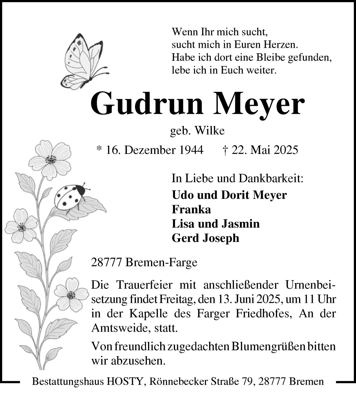 Traueranzeige von Gudrun Meyer von Die Norddeutsche
