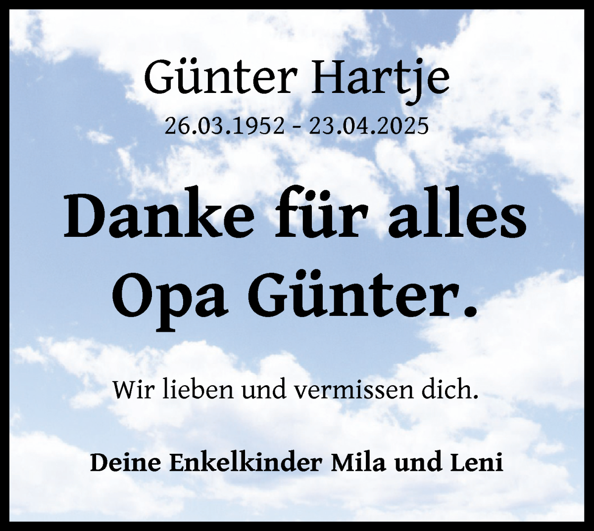Traueranzeige von Günter Hartje von Osterholzer Kreisblatt
