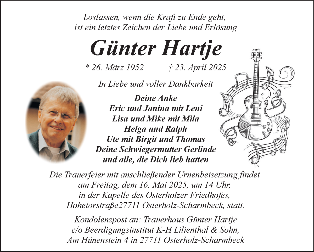 Traueranzeige von Günter Hartje von Osterholzer Kreisblatt