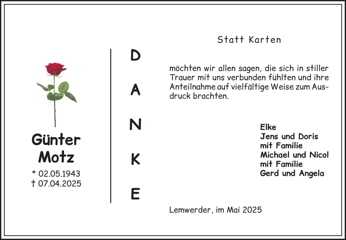 Traueranzeige von Günter Motz von Die Norddeutsche