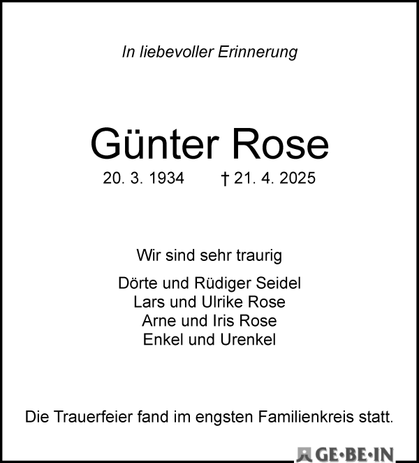 Traueranzeige von Günter Rose von WESER-KURIER