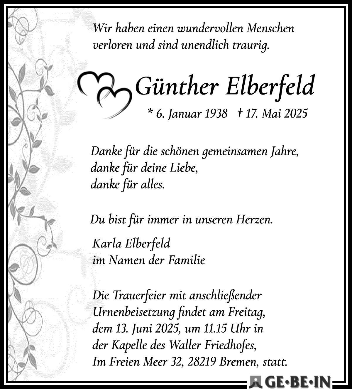 Traueranzeige von Günther Elberfeld von WESER-KURIER