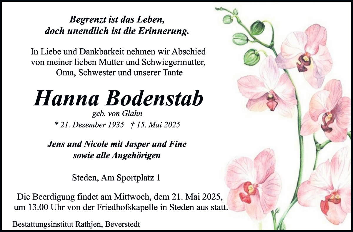 Traueranzeige von Hanna Bodenstab von Osterholzer Kreisblatt