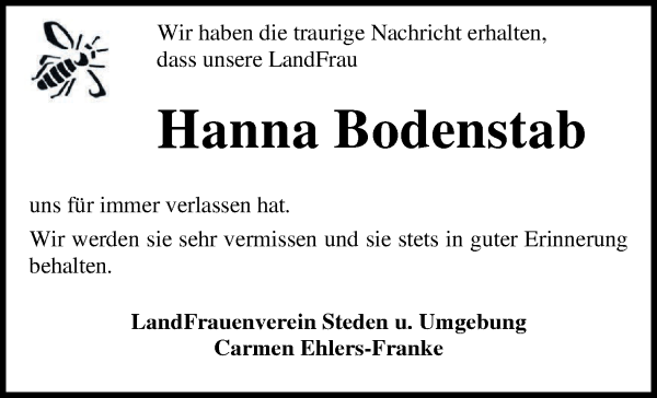 Traueranzeige von Hanna Bodenstab von Osterholzer Kreisblatt