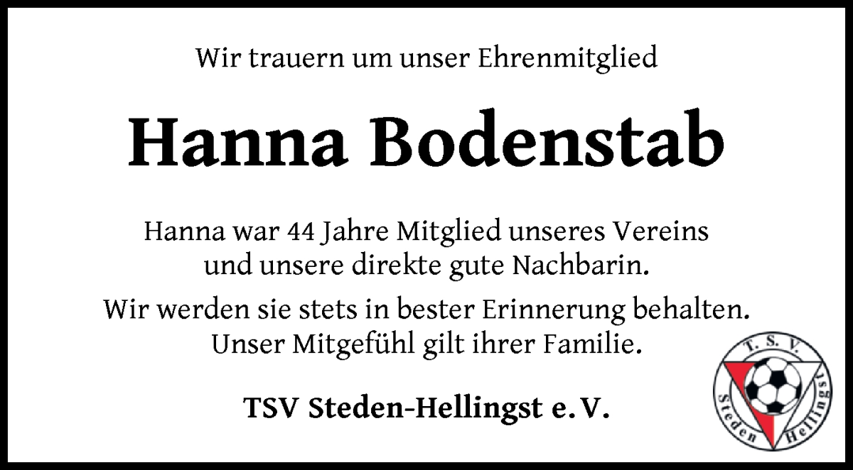 Traueranzeige von Hanna Bodenstab von Osterholzer Kreisblatt