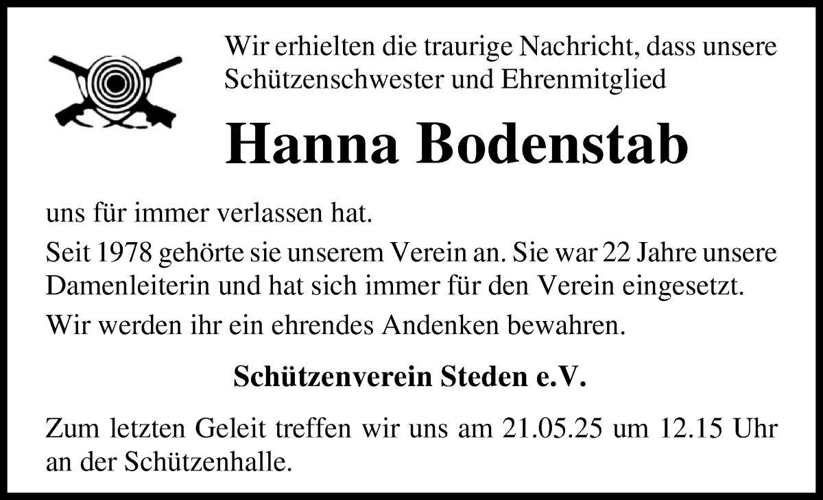 Traueranzeige von Hanna Bodenstab von Osterholzer Kreisblatt
