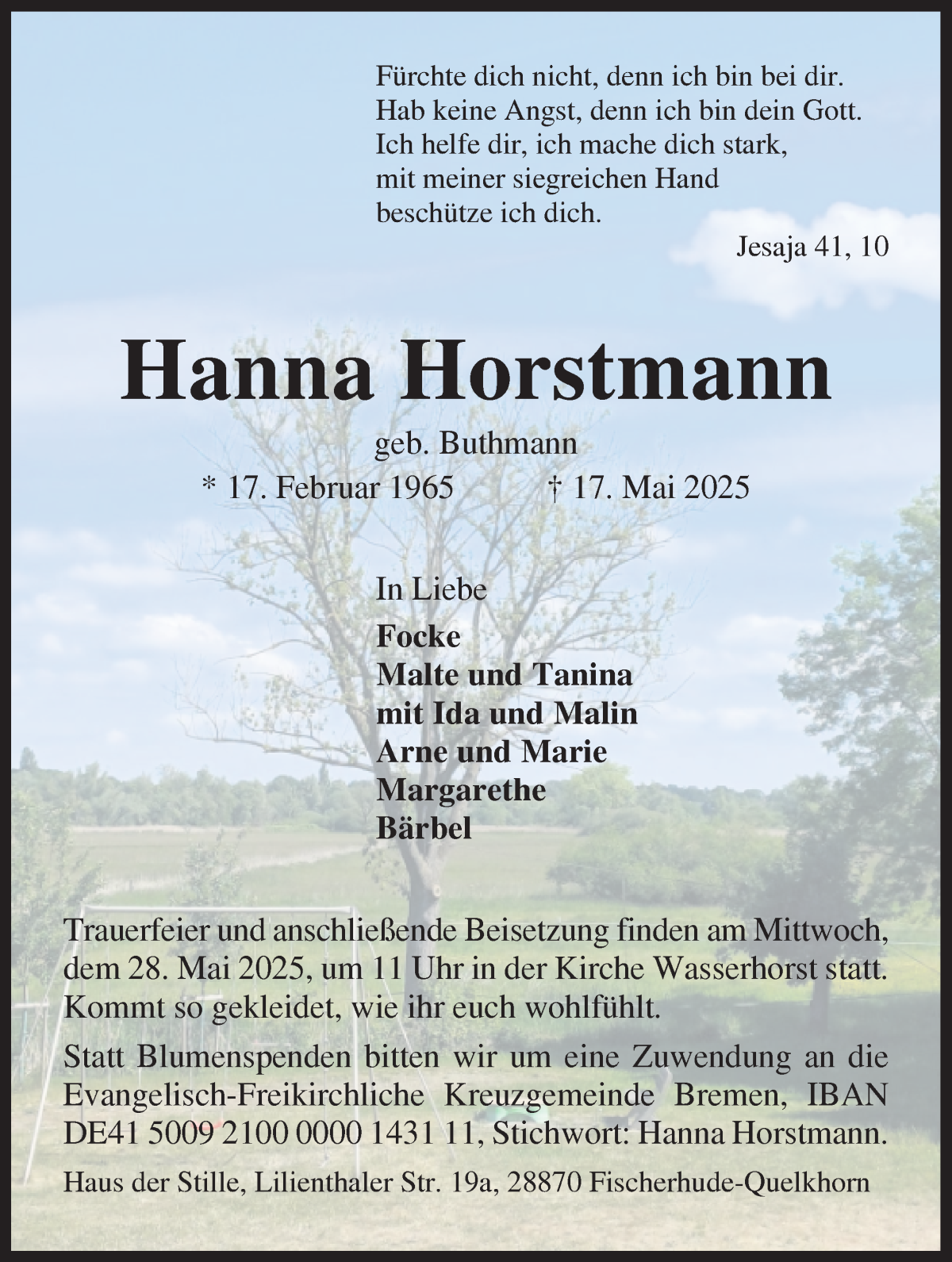 Traueranzeige von Hanna Horstmann von WESER-KURIER