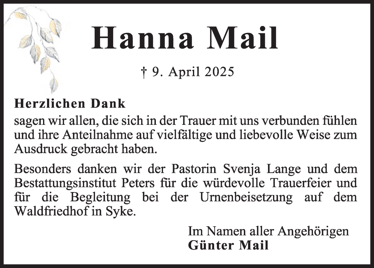 Traueranzeige von Hanna Mail von WESER-KURIER