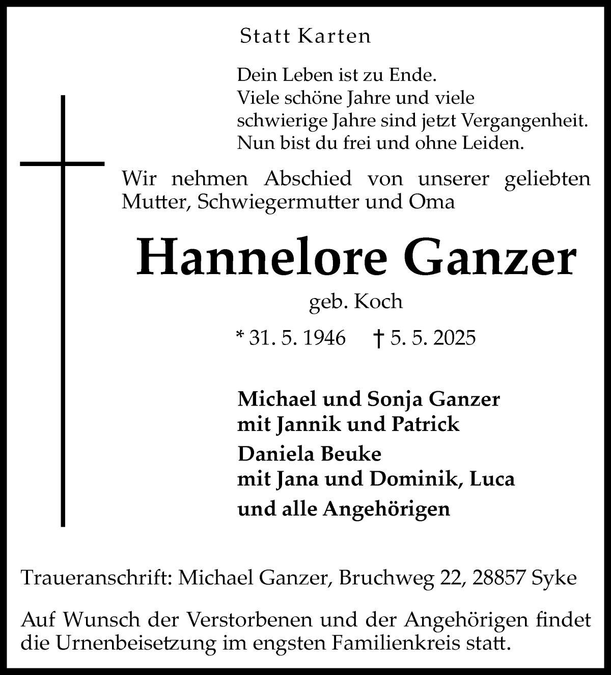 Traueranzeige von Hannelore Ganzer von WESER-KURIER