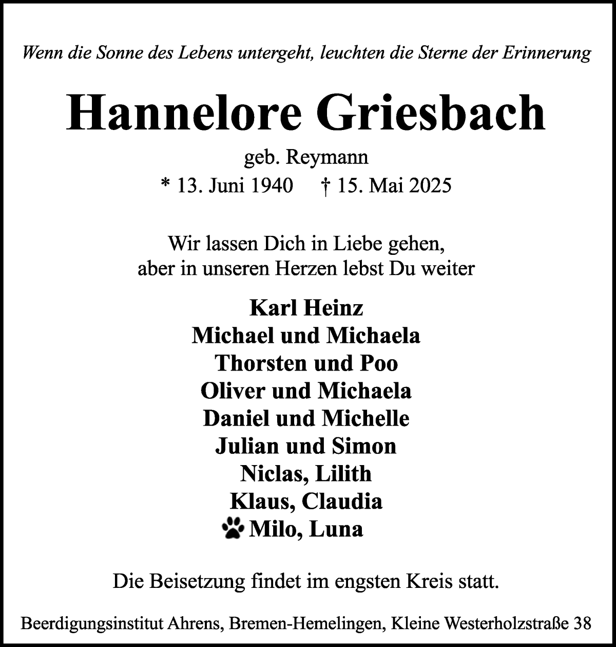 Traueranzeige von Hannelore Griesbach von WESER-KURIER