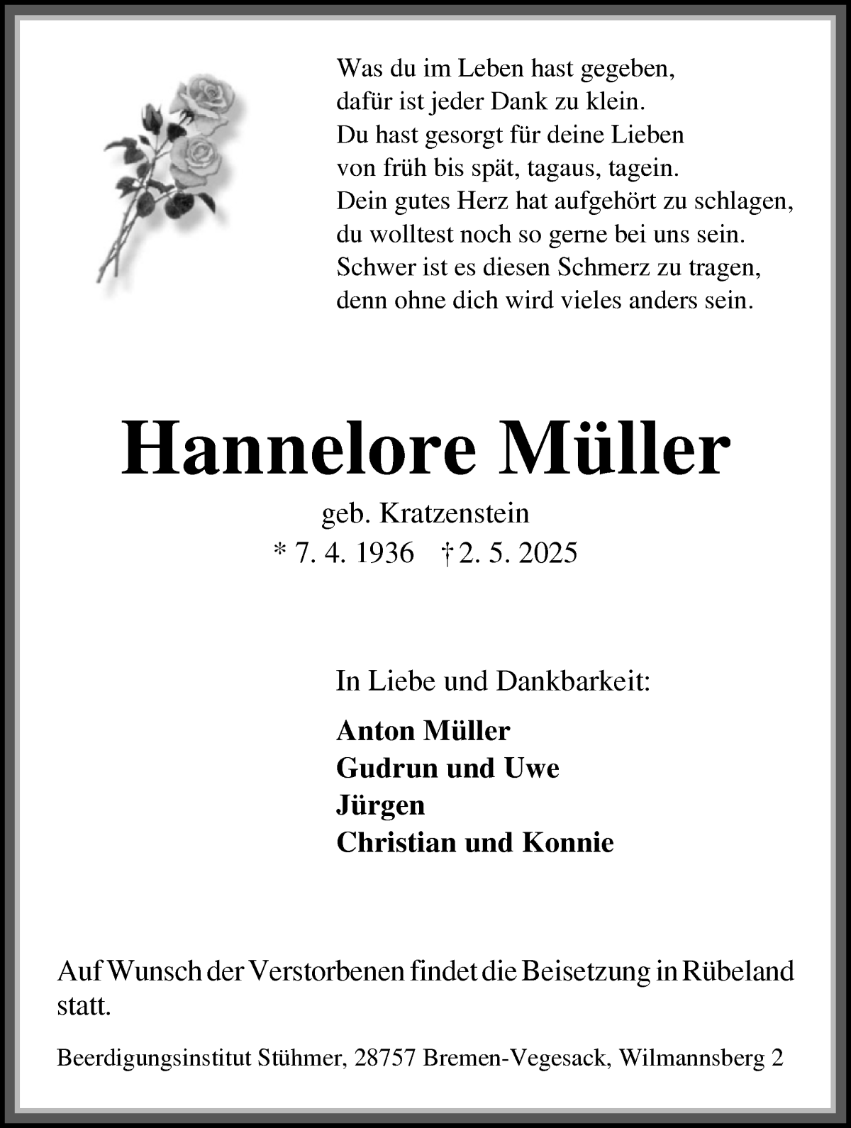 Traueranzeige von Hannelore Müller von Die Norddeutsche