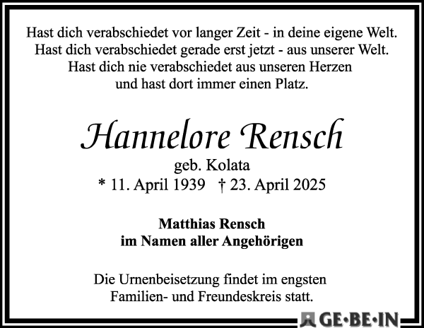 Traueranzeige von Hannelore Rensch von WESER-KURIER
