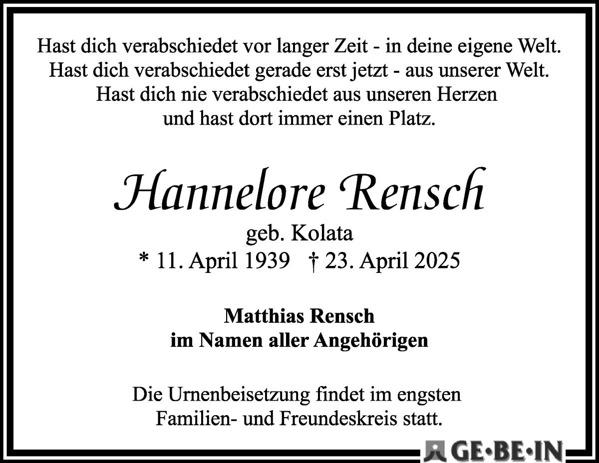 Traueranzeige von Hannelore Rensch von WESER-KURIER