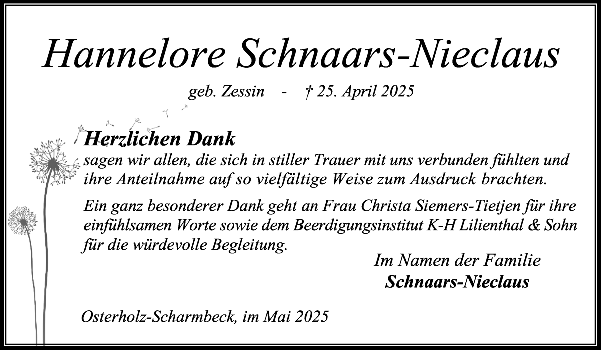 Traueranzeige von Hannelore Schnaars-Nieclaus von Osterholzer Kreisblatt