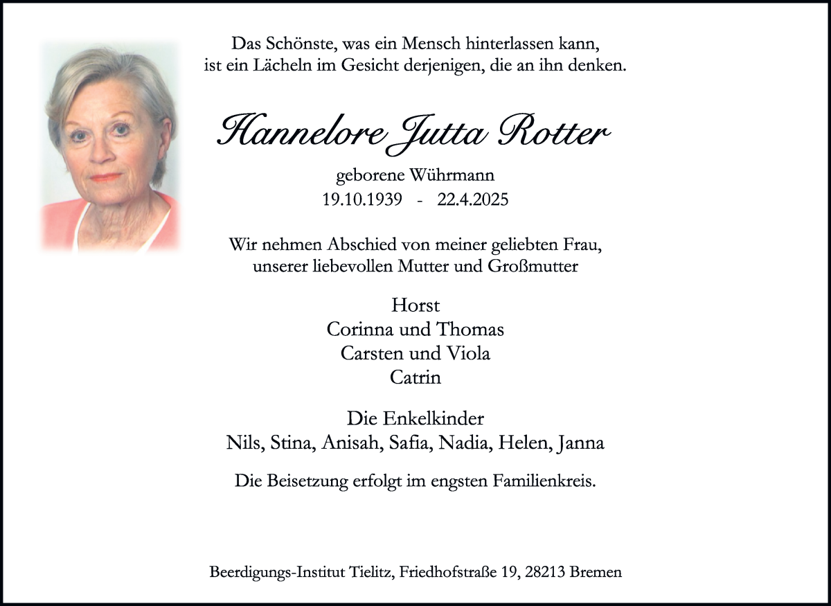 Traueranzeige von Hannelore Jutta Rotter von WESER-KURIER