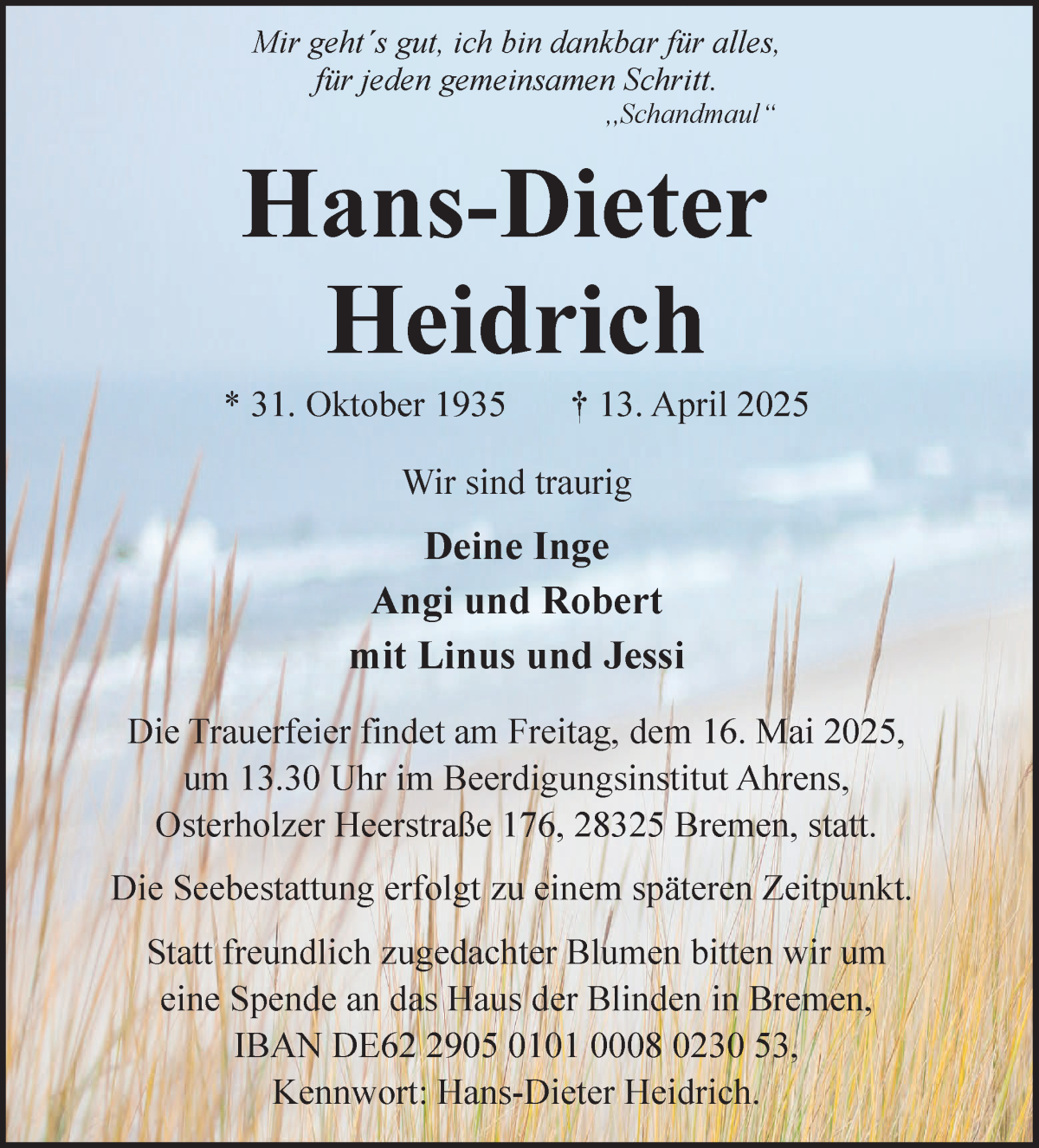 Traueranzeige von Hans-Dieter Heidrich von WESER-KURIER