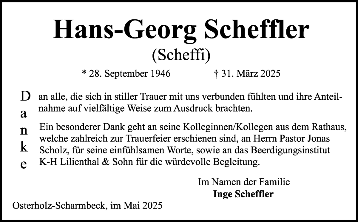 Traueranzeige von Hans-Georg Scheffler von Osterholzer Kreisblatt