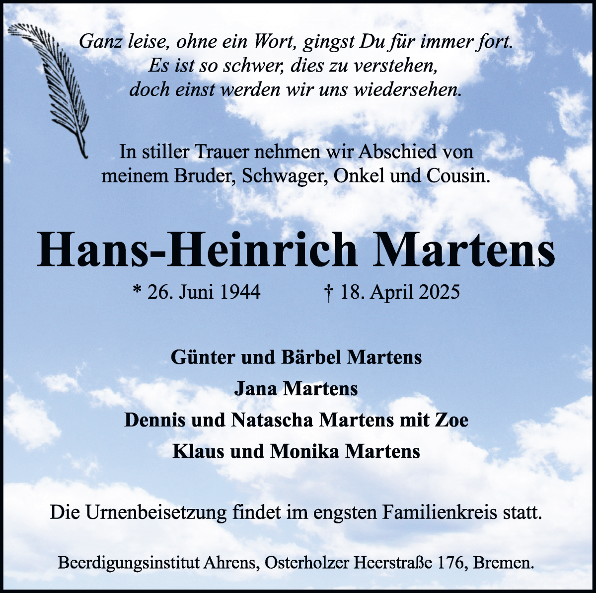 Traueranzeige von Hans-Heinrich Martens von WESER-KURIER