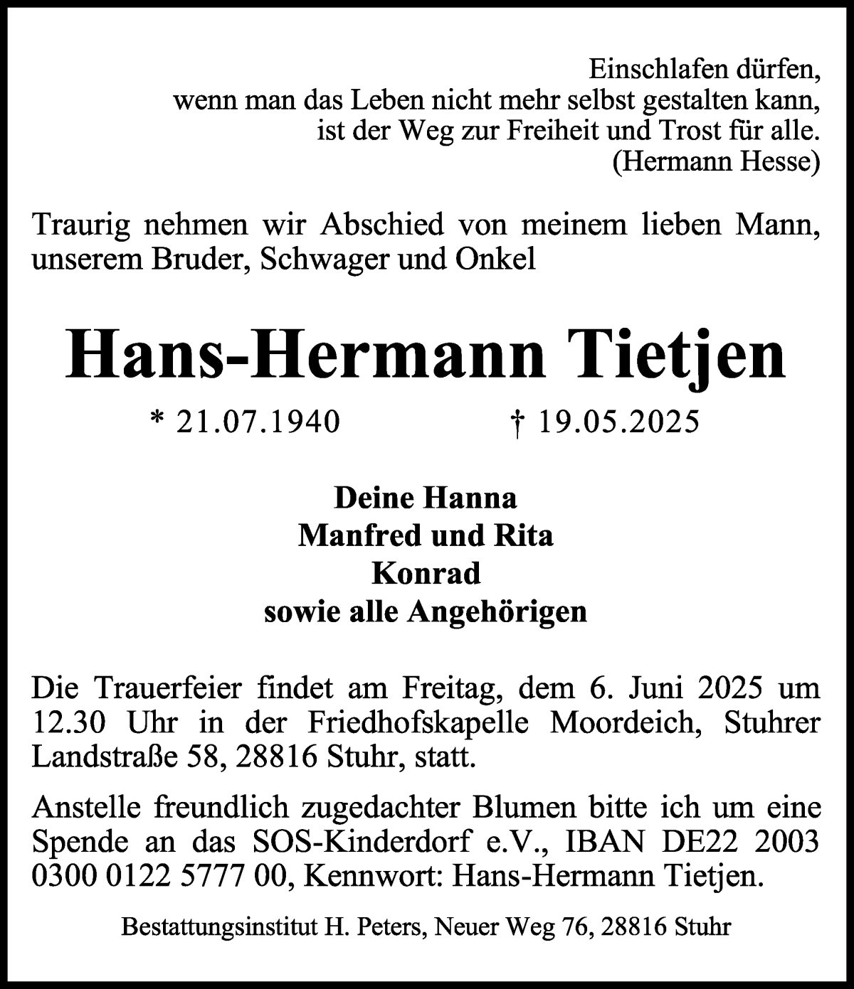 Traueranzeige von Hans-Hermann Tietjen von WESER-KURIER
