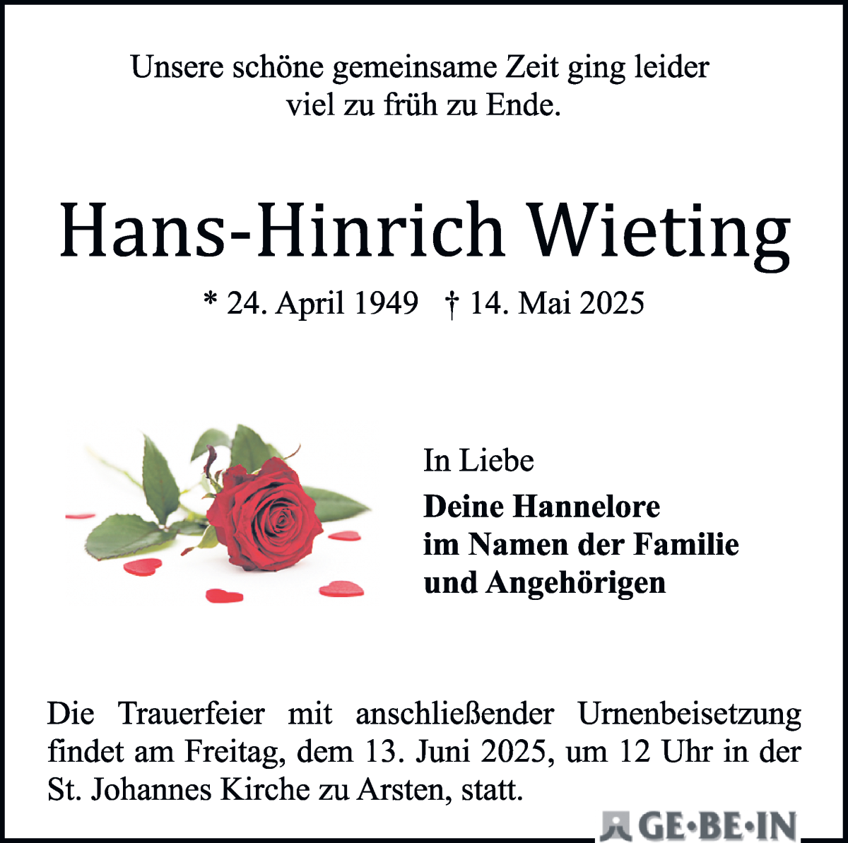 Traueranzeige von Hans-Hinrich Wieting von WESER-KURIER