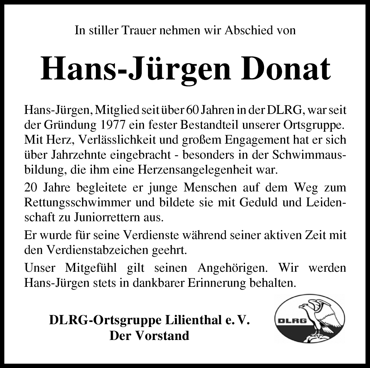 Traueranzeige von Hans-Jürgen Donat von Wuemme Zeitung