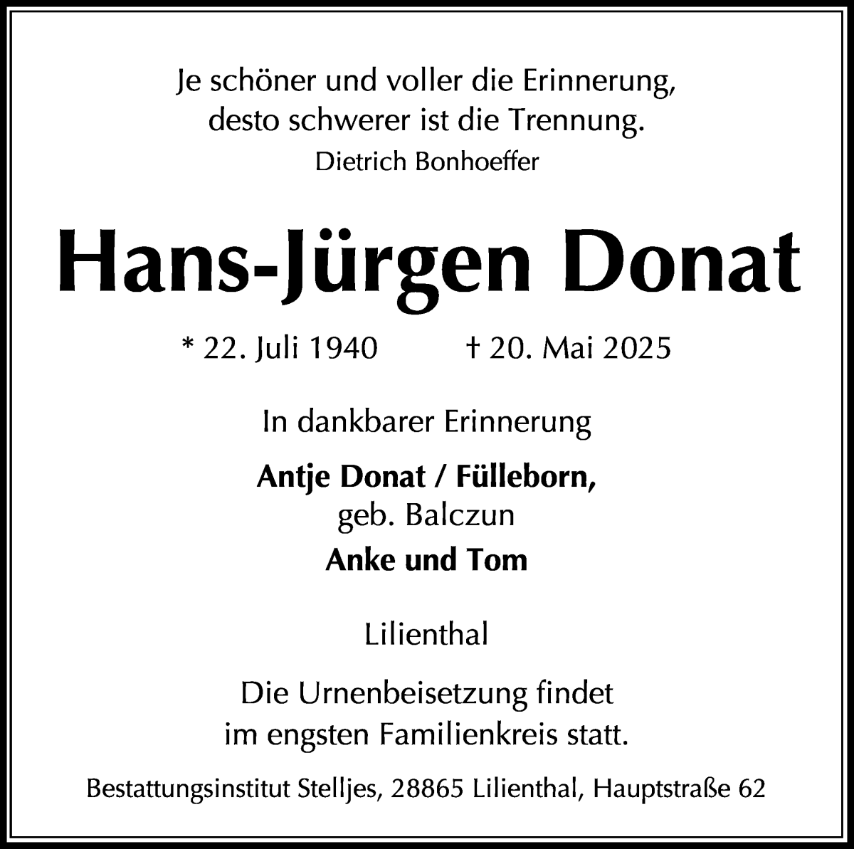 Traueranzeige von Hans-Jürgen Donat von Wuemme Zeitung