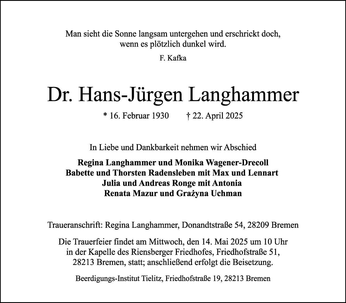 Traueranzeige von Hans-Jürgen Langhammer von Die Norddeutsche