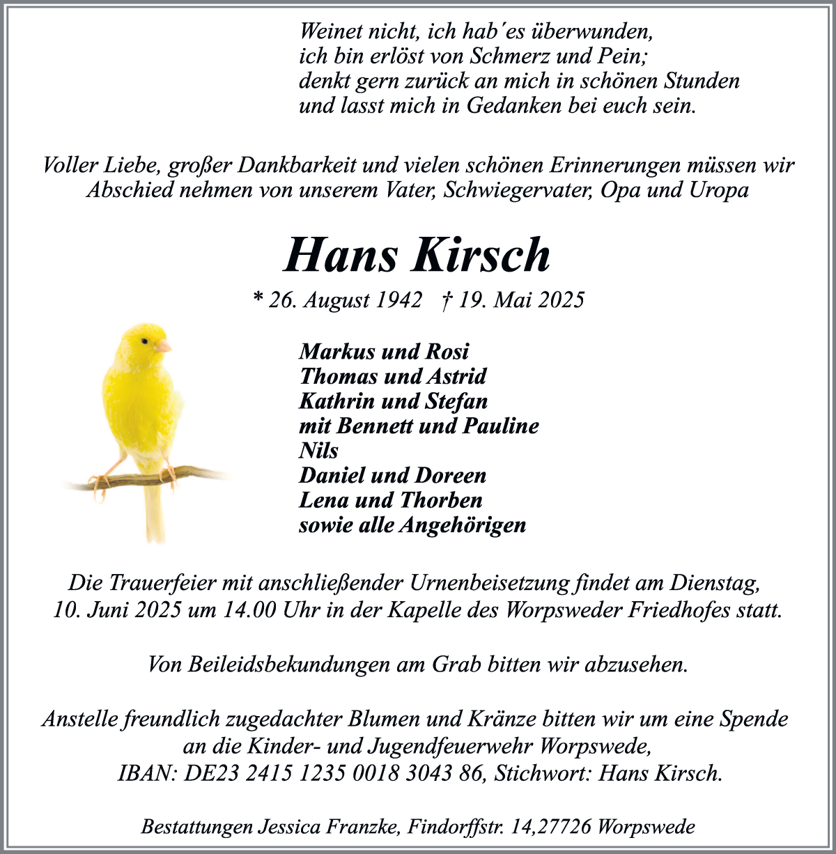 Traueranzeige von Hans Kirsch von Wuemme Zeitung