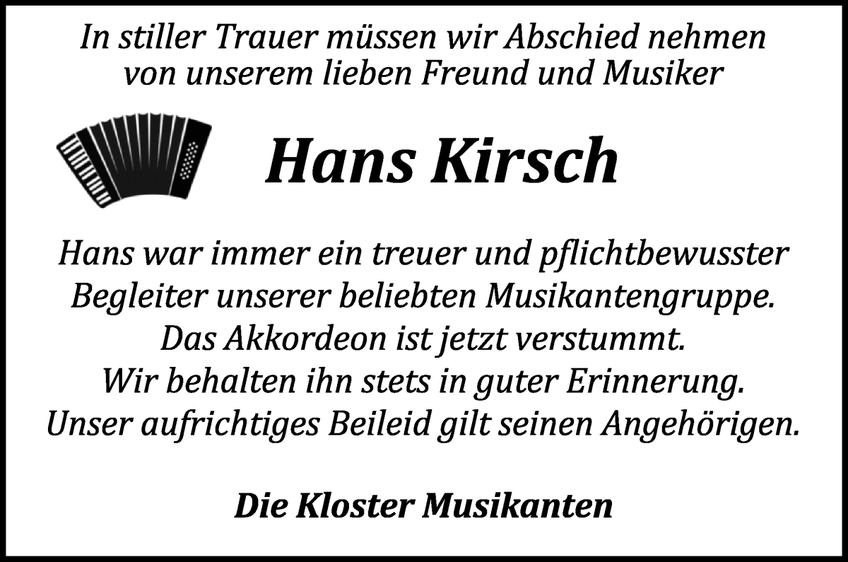 Traueranzeige von Hans Kirsch von Wuemme Zeitung