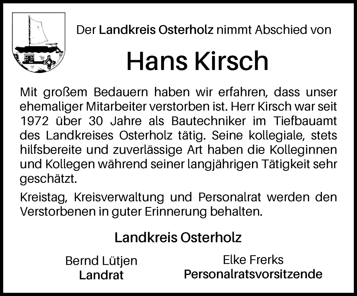 Traueranzeige von Hans Kirsch von Wuemme Zeitung