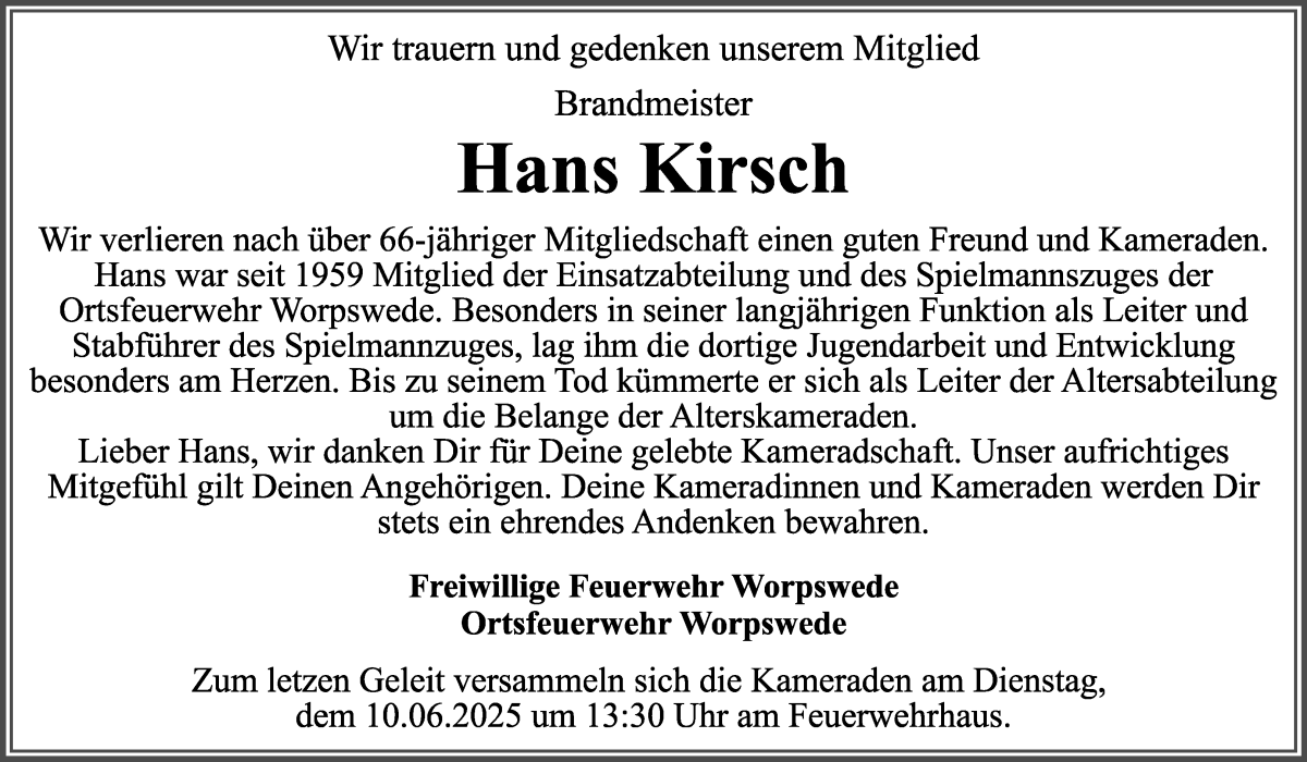 Traueranzeige von Hans Kirsch von Wuemme Zeitung