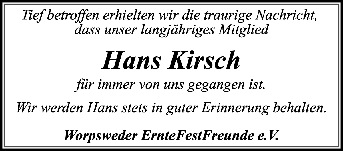 Traueranzeige von Hans Kirsch von Wuemme Zeitung